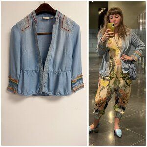 Chicos Chambray Denim Embroidered Embellished Shirt Jacket Boho